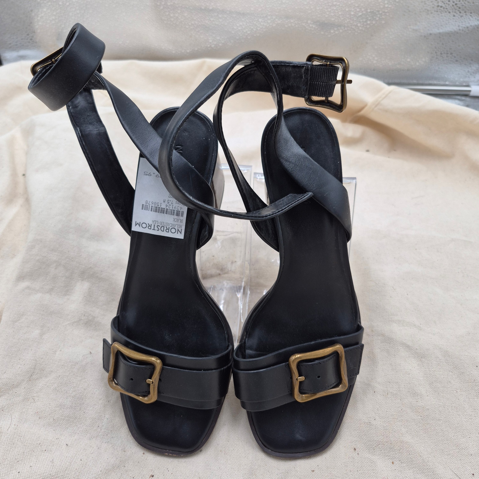 Nordstrom Black Leather Ankle-Strap Heeled Sandals Size 7.5 M